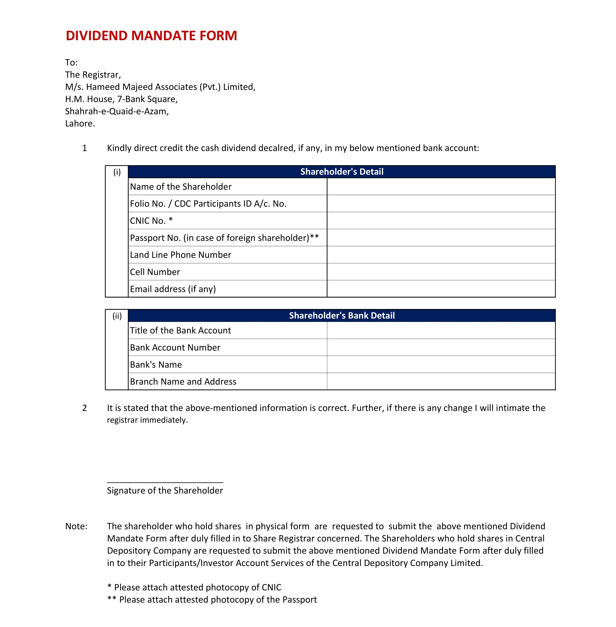 Dividend Mandate Form